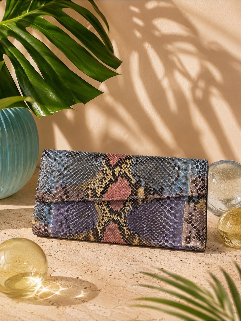 Multicolor Genuine Python Clutch Crossbody – Patchwork Snakeskin Statement Bag
